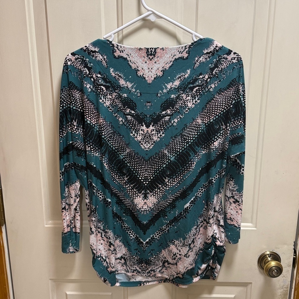 JM Collection Teal and Black Patterned Long Sleeve Top - Picture 2 of 6